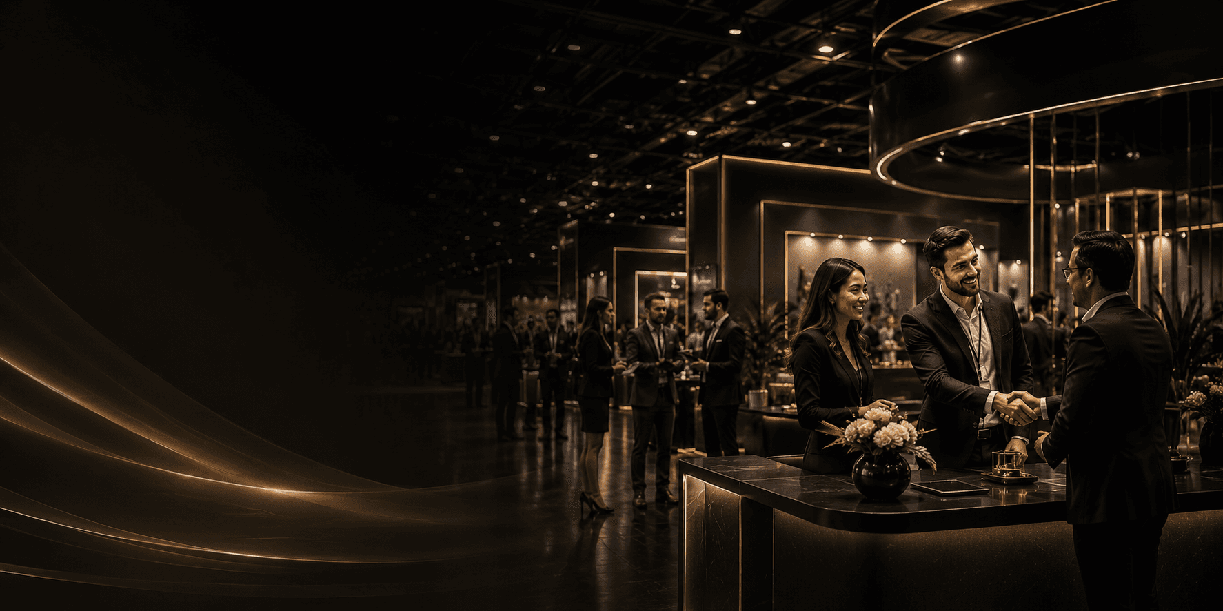 Testimonials banner showcasing premium exhibition moments