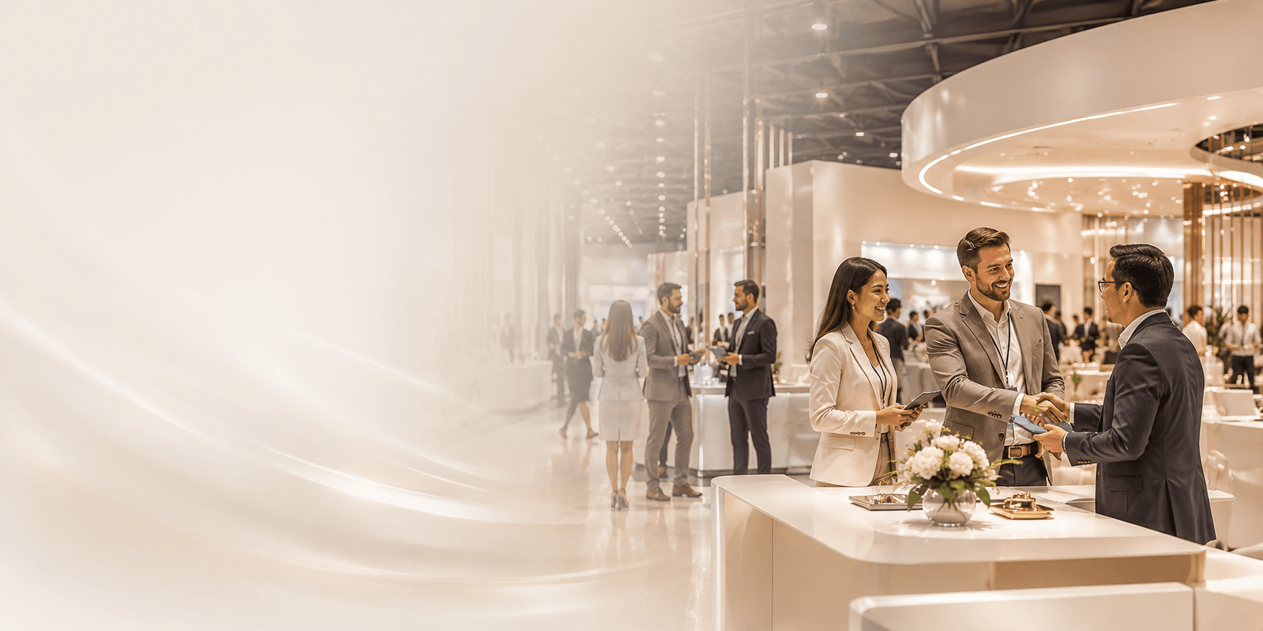 Testimonials banner showcasing premium exhibition moments